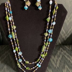 Multi Shaped beautiful shades of blue and green glass beaded necklace/earrings